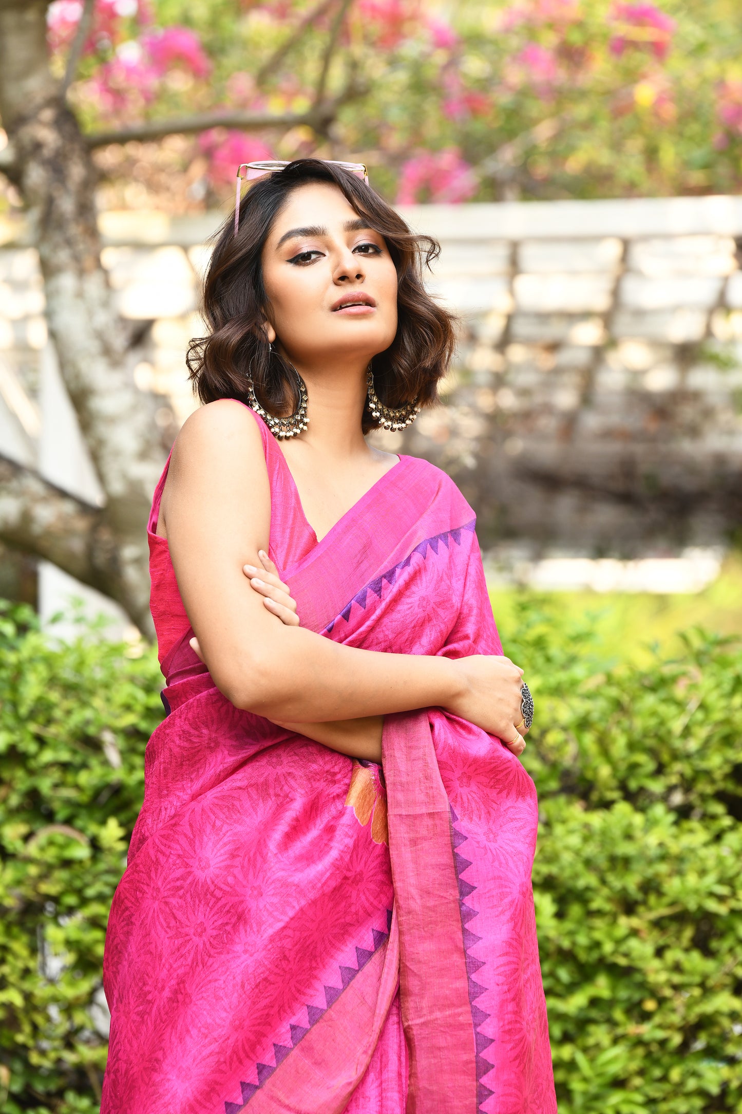 Pink Floral Block Printed Zari Border Pure Tussar Sarees