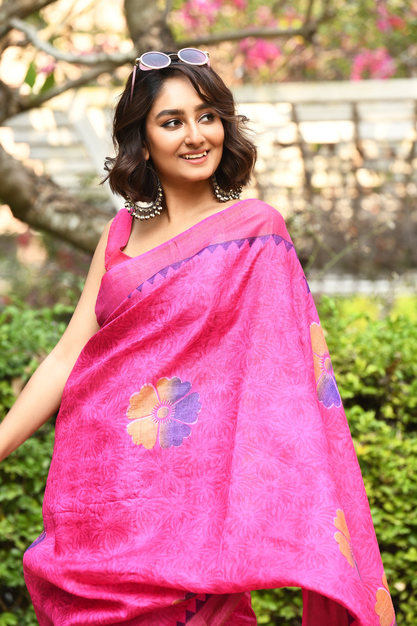 Pink Floral Block Printed Zari Border Pure Tussar Sarees