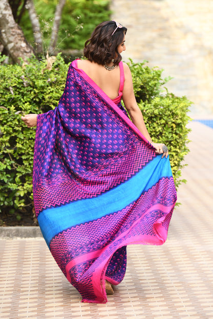 Blue And Pink Hand Painted Pure Silk Mark Certified Bishnupuri Silk Sarees