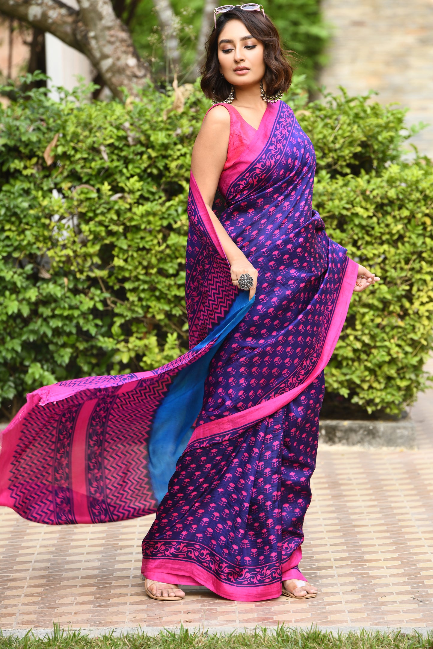 Blue And Pink Hand Painted Pure Silk Mark Certified Bishnupuri Silk Sarees