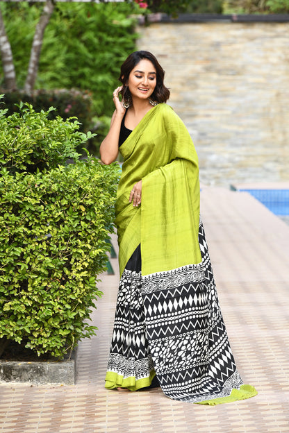 Neon Green Block Printed Pure Silk Mark Certified Bishnupuri Silk Sarees