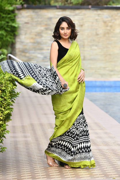 Neon Green Block Printed Pure Silk Mark Certified Bishnupuri Silk Sarees