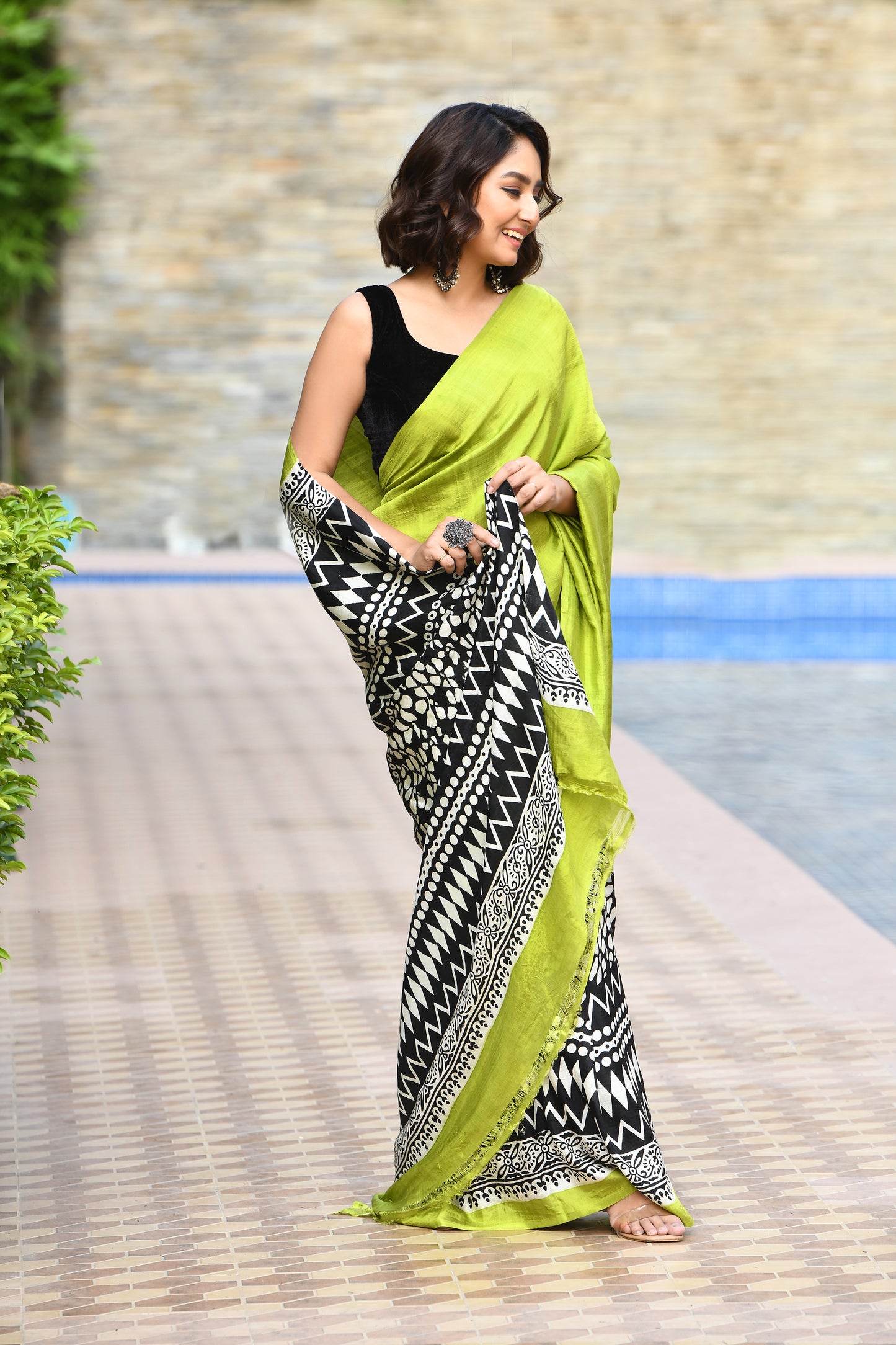 Neon Green Block Printed Pure Silk Mark Certified Bishnupuri Silk Sarees