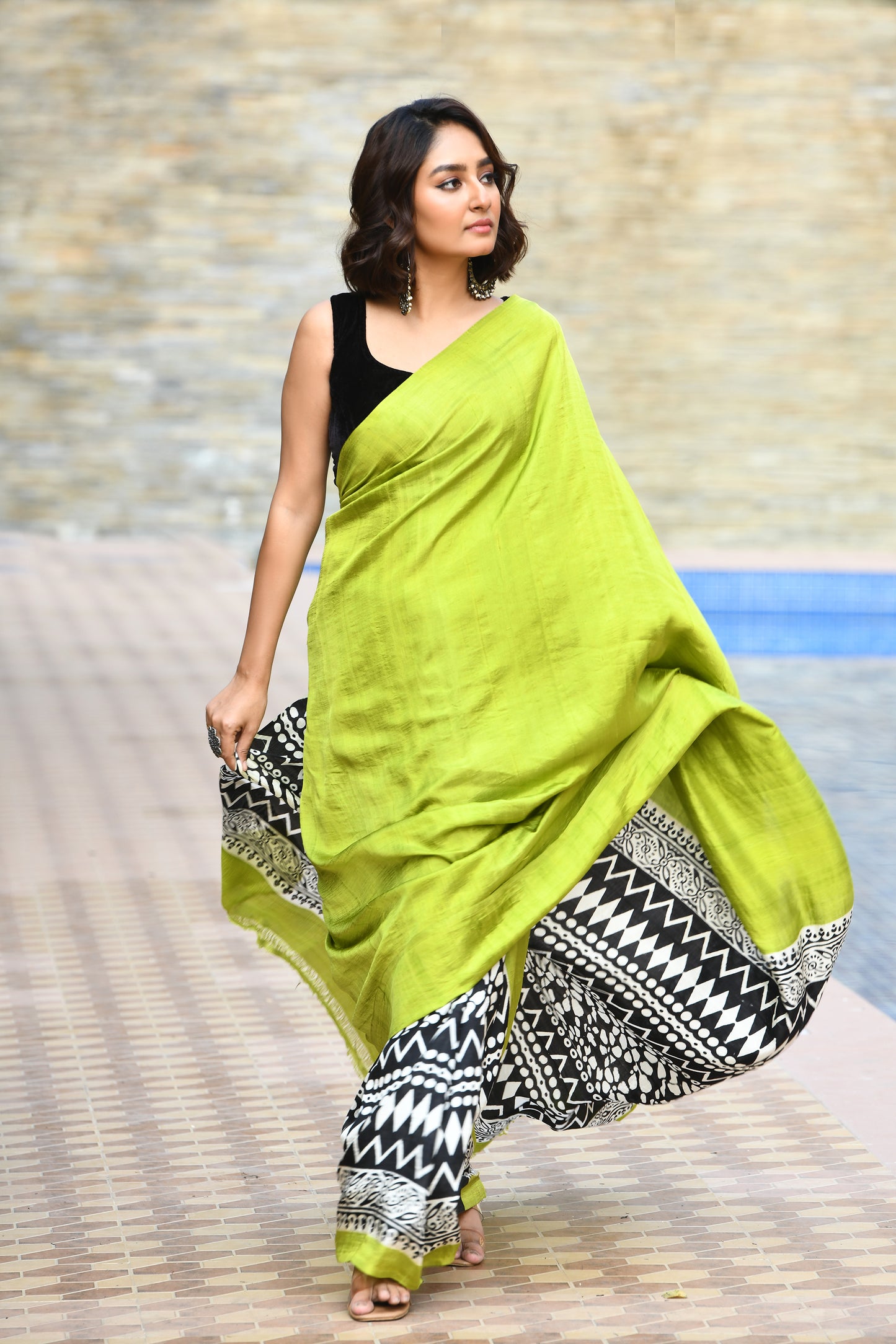 Neon Green Block Printed Pure Silk Mark Certified Bishnupuri Silk Sarees