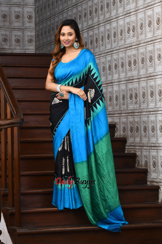 Blue Black Block Painted Pure Silk Mark Certified Bishnupuri Silk Sarees