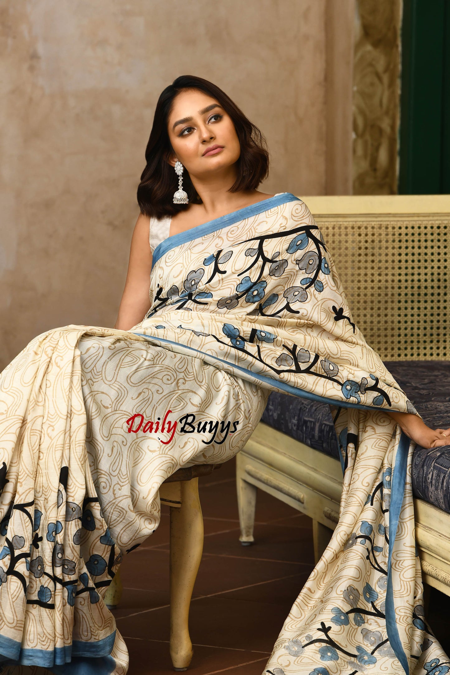 Blossom Design Hand Painted Pure Silk Mark Certified Bishnupuri Silk Sarees