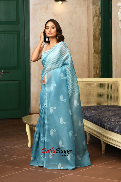 Aqua Blue Digital Swan Print Organza Sarees