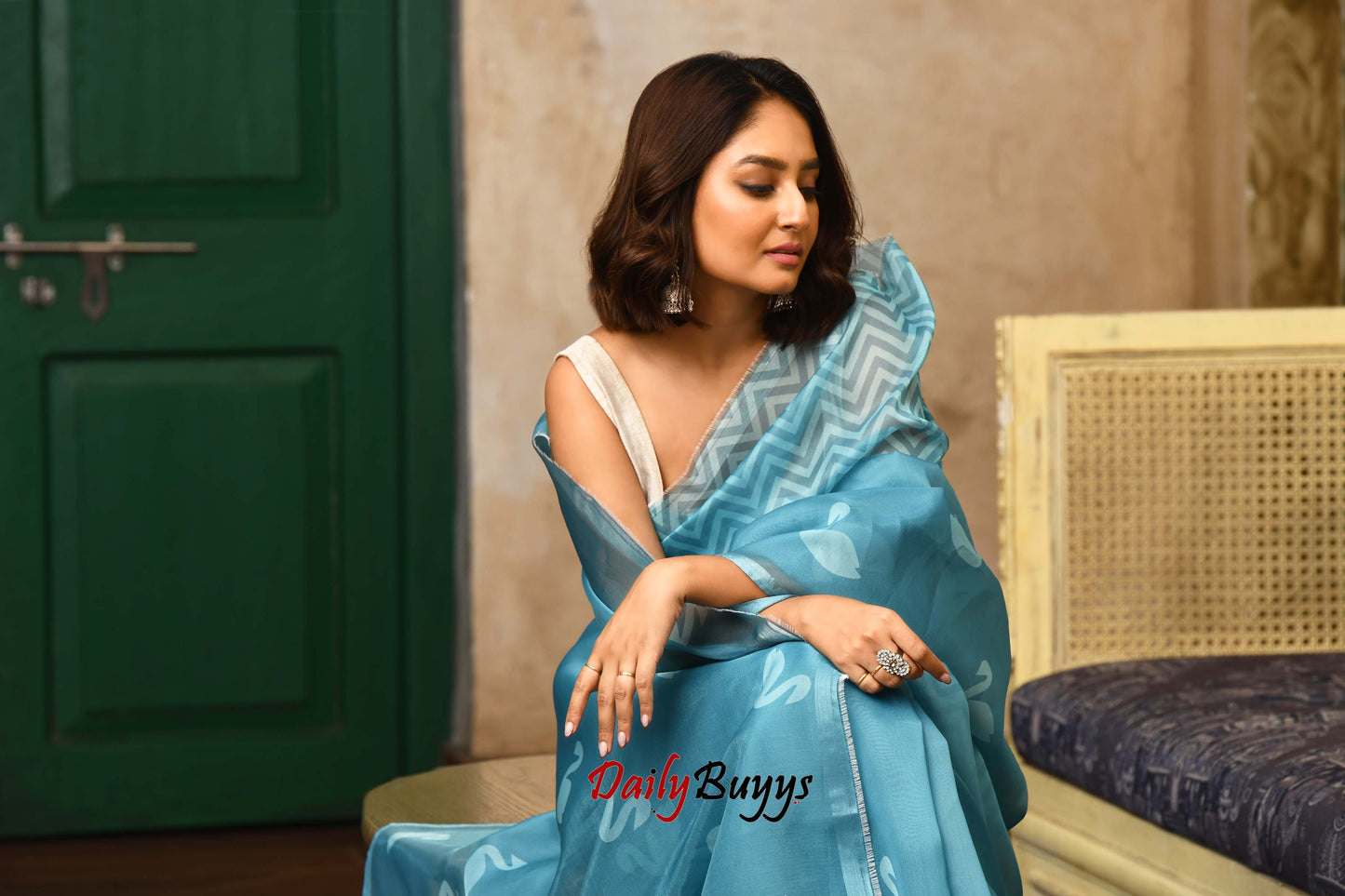 Aqua Blue Digital Swan Print Organza Sarees