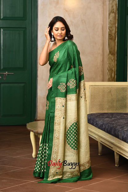 Emerald Green Moti Bead Work Pure Tussar Silk Sarees