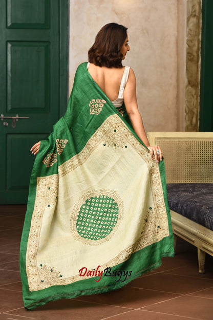 Emerald Green Moti Bead Work Pure Tussar Silk Sarees