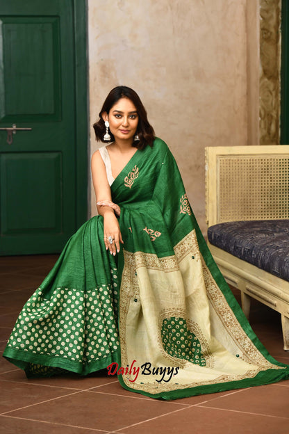 Emerald Green Moti Bead Work Pure Tussar Silk Sarees