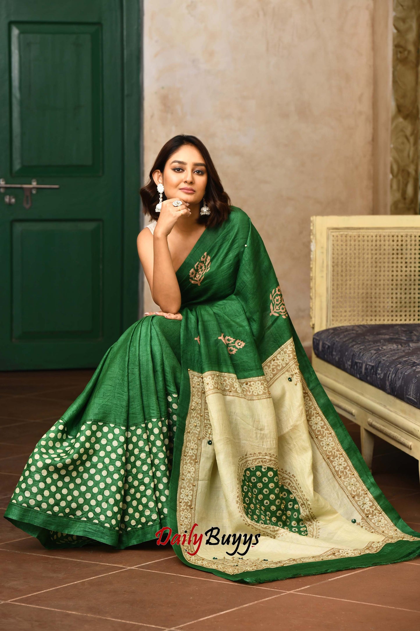 Emerald Green Moti Bead Work Pure Tussar Silk Sarees