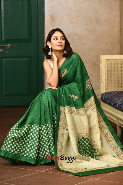 Emerald Green Moti Bead Work Pure Tussar Silk Sarees