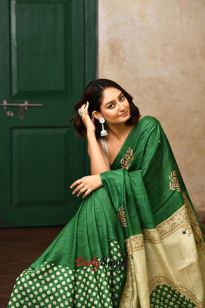 Emerald Green Moti Bead Work Pure Tussar Silk Sarees