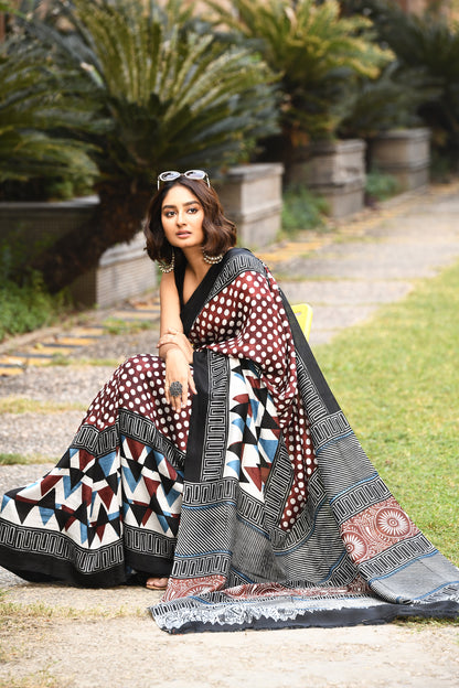 Brown and Black Ajrakh Block Printed Pure Silk Mark Certified Bishnupuri Silk Sarees