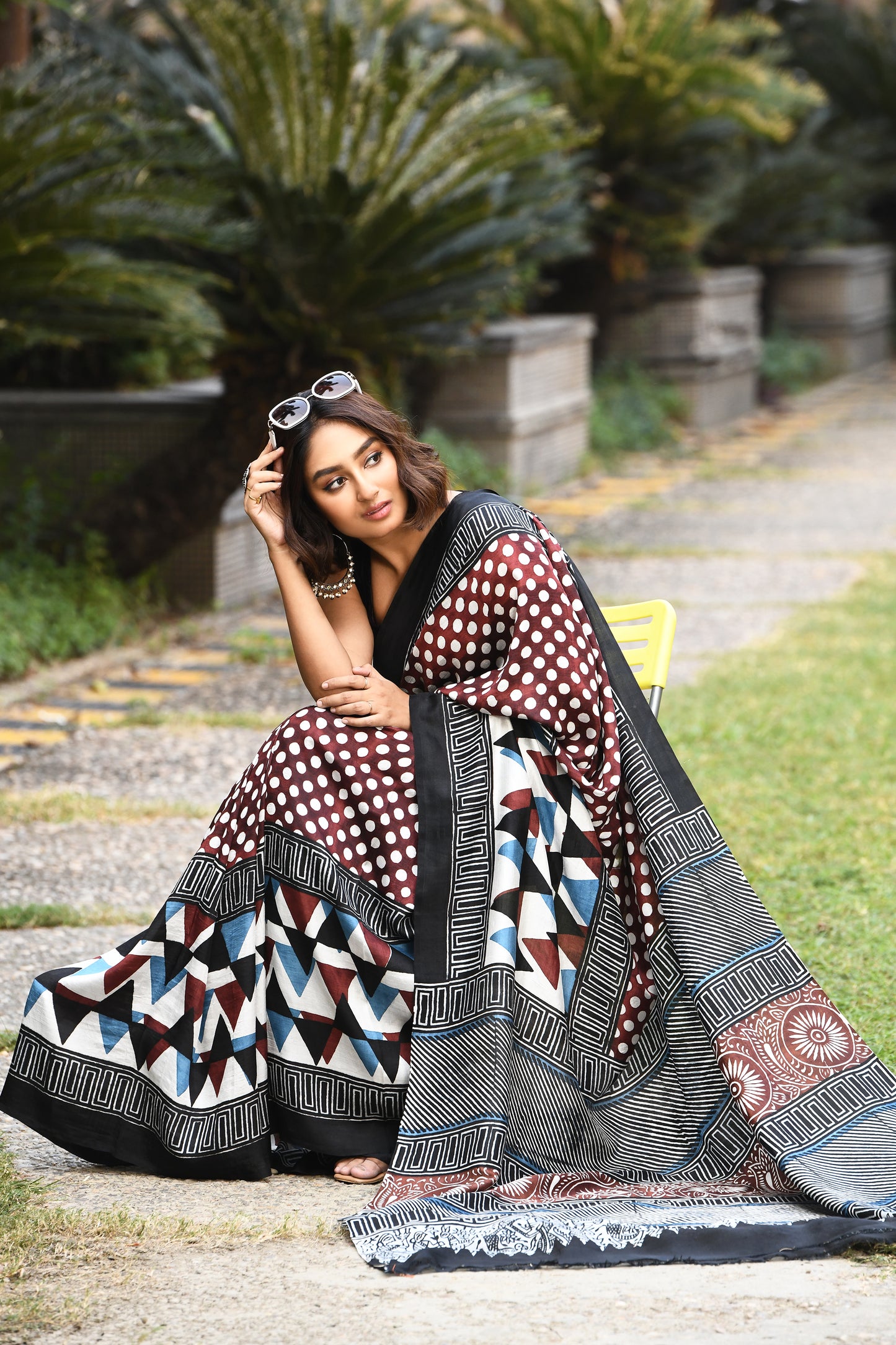 Brown and Black Ajrakh Block Printed Pure Silk Mark Certified Bishnupuri Silk Sarees