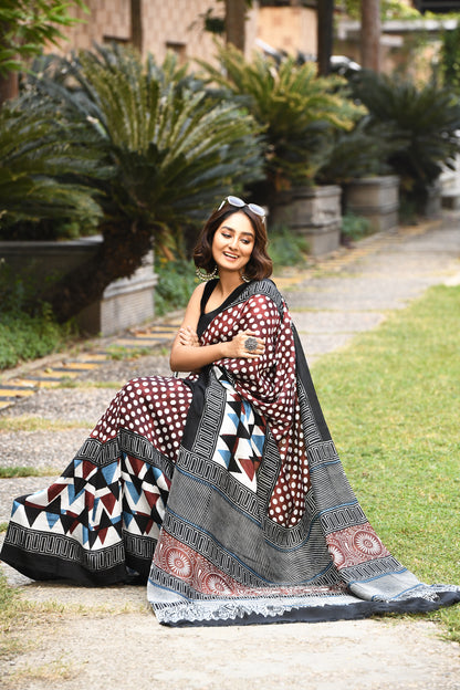 Brown and Black Ajrakh Block Printed Pure Silk Mark Certified Bishnupuri Silk Sarees