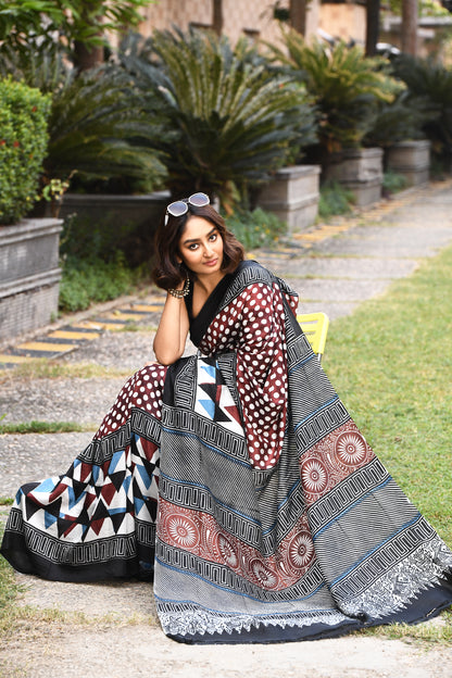 Brown and Black Ajrakh Block Printed Pure Silk Mark Certified Bishnupuri Silk Sarees