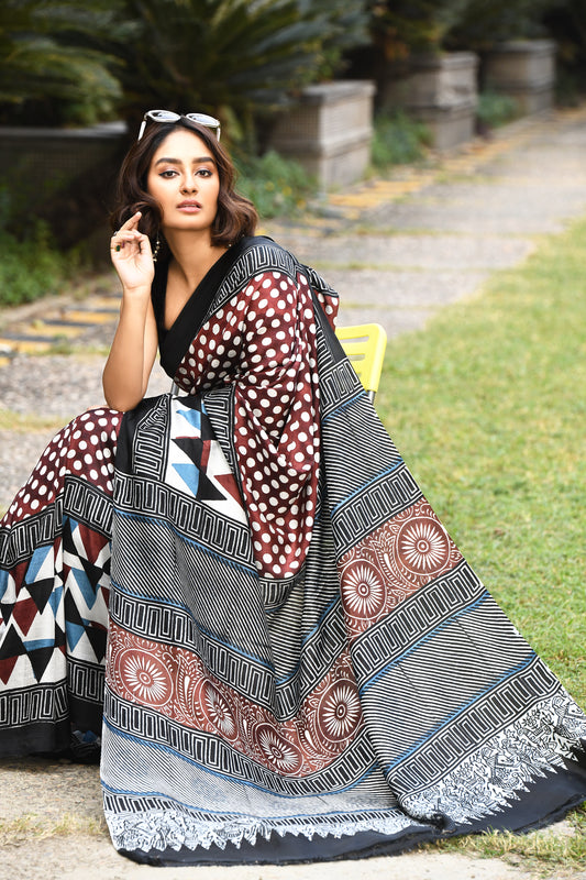 Brown and Black Ajrakh Block Printed Pure Silk Mark Certified Bishnupuri Silk Sarees