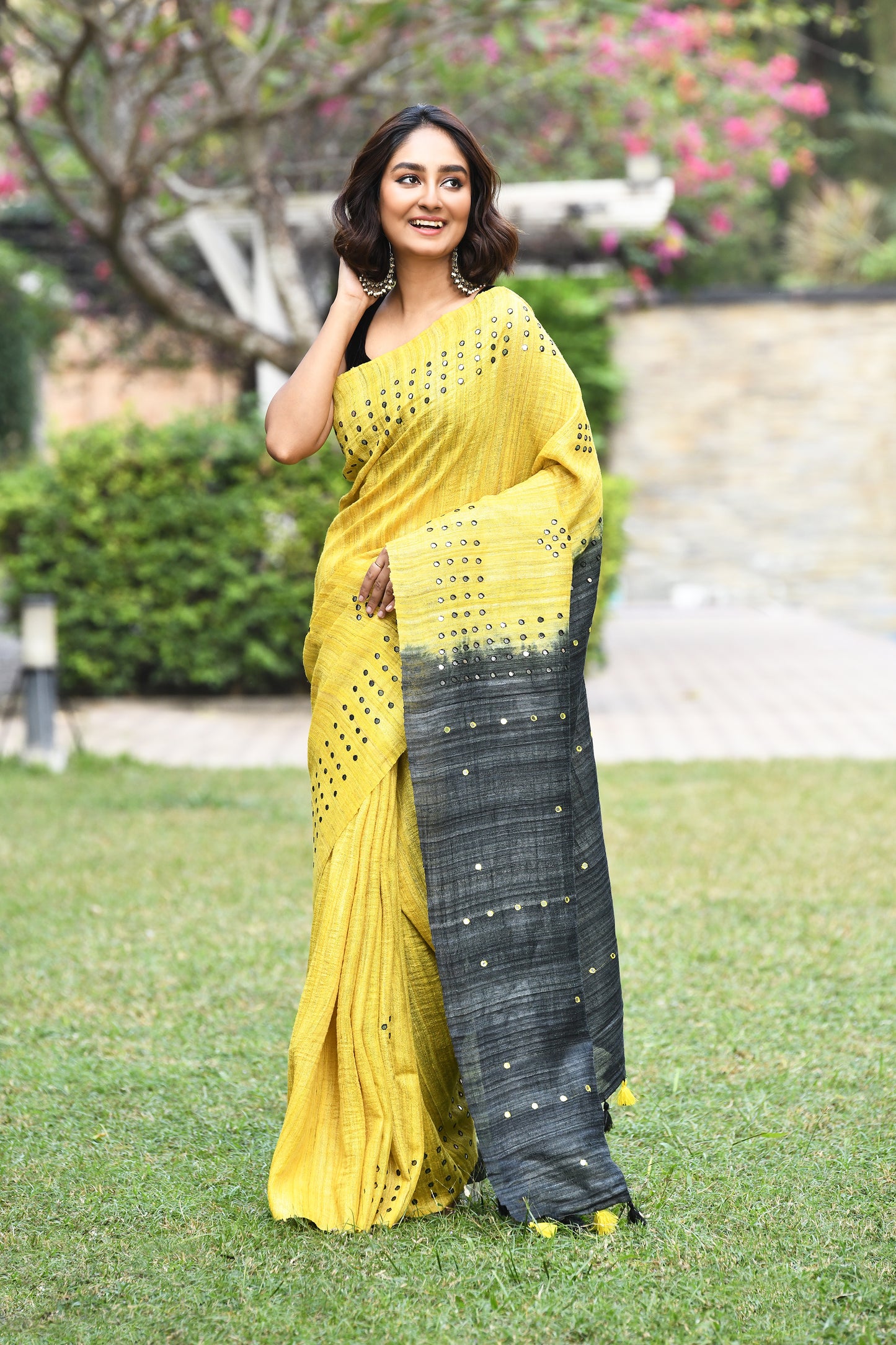 Black and Yellow Mirror Work Pure Silk Mark Certified Tussar Ghicha Silk Sarees