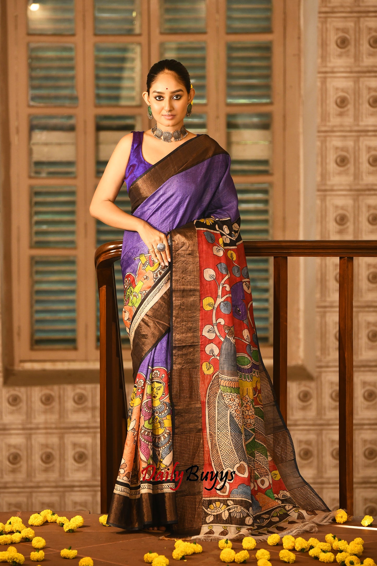 Purple Hand Painted Pure Silk Mark Certified Zari Tussar Kalamkari Sarees