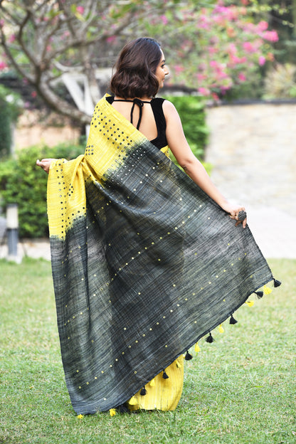 Black and Yellow Mirror Work Pure Silk Mark Certified Tussar Ghicha Silk Sarees