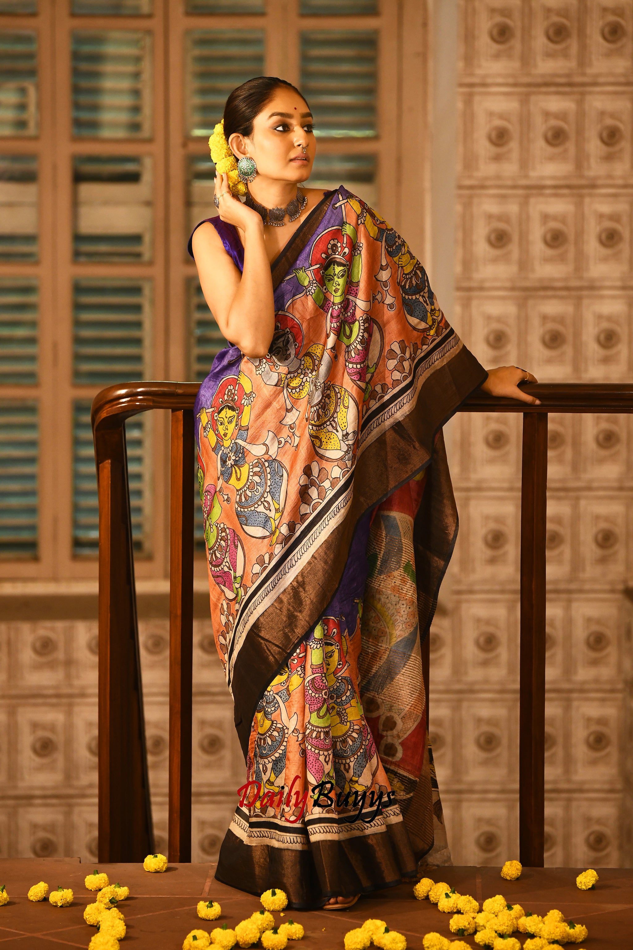 Silkmark Tussar Gleaming Blockprint Yellow & Purple Saree main image 0
