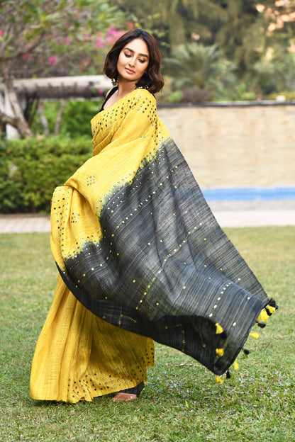 Black and Yellow Mirror Work Pure Silk Mark Certified Tussar Ghicha Silk Sarees