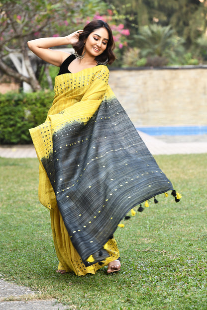 Black and Yellow Mirror Work Pure Silk Mark Certified Tussar Ghicha Silk Sarees