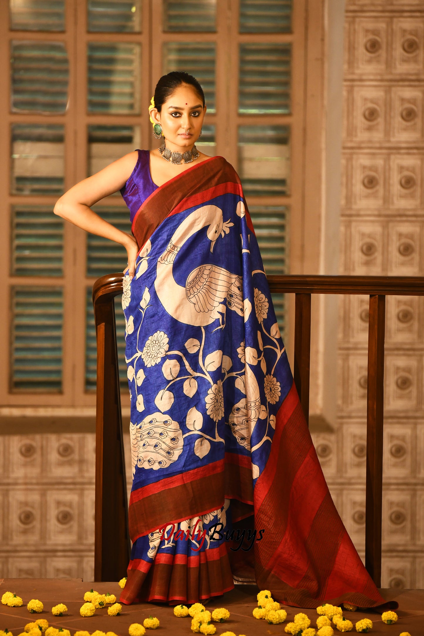 Peacock Hand Painted Pure Silk Mark Certified Zari Tussar Kalamkari Sarees