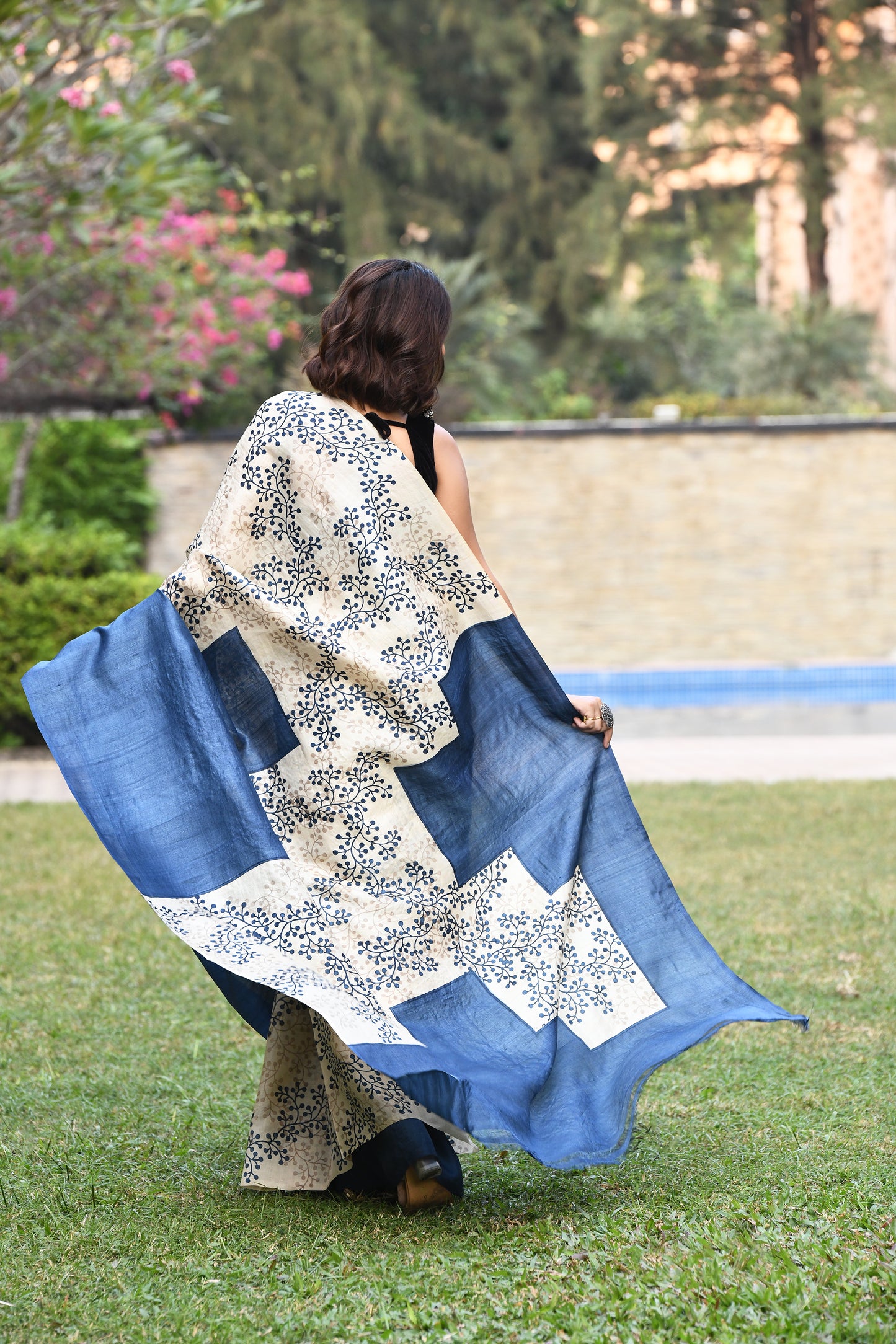 Navy Blue Block Printed Pure Silk Mark Certified Bishnupuri Silk Sarees