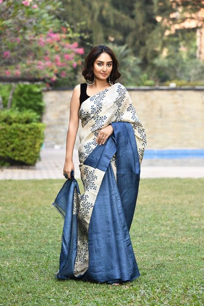 Navy Blue Block Printed Pure Silk Mark Certified Bishnupuri Silk Sarees