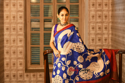 Peacock Hand Painted Pure Silk Mark Certified Zari Tussar Kalamkari Sarees