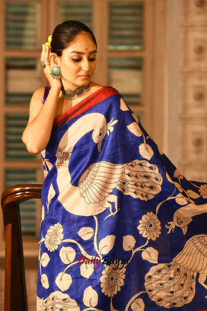 Peacock Hand Painted Pure Silk Mark Certified Zari Tussar Kalamkari Sarees