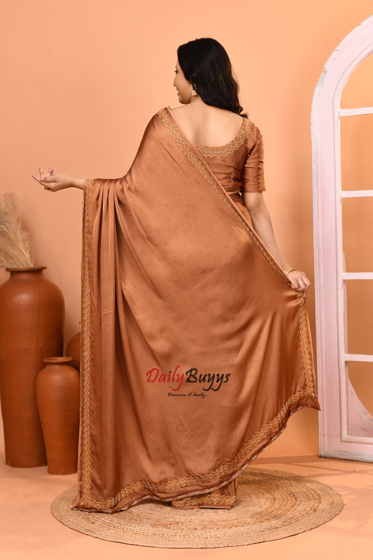Designer Golden Brown Satin Saree with Designer Blouse