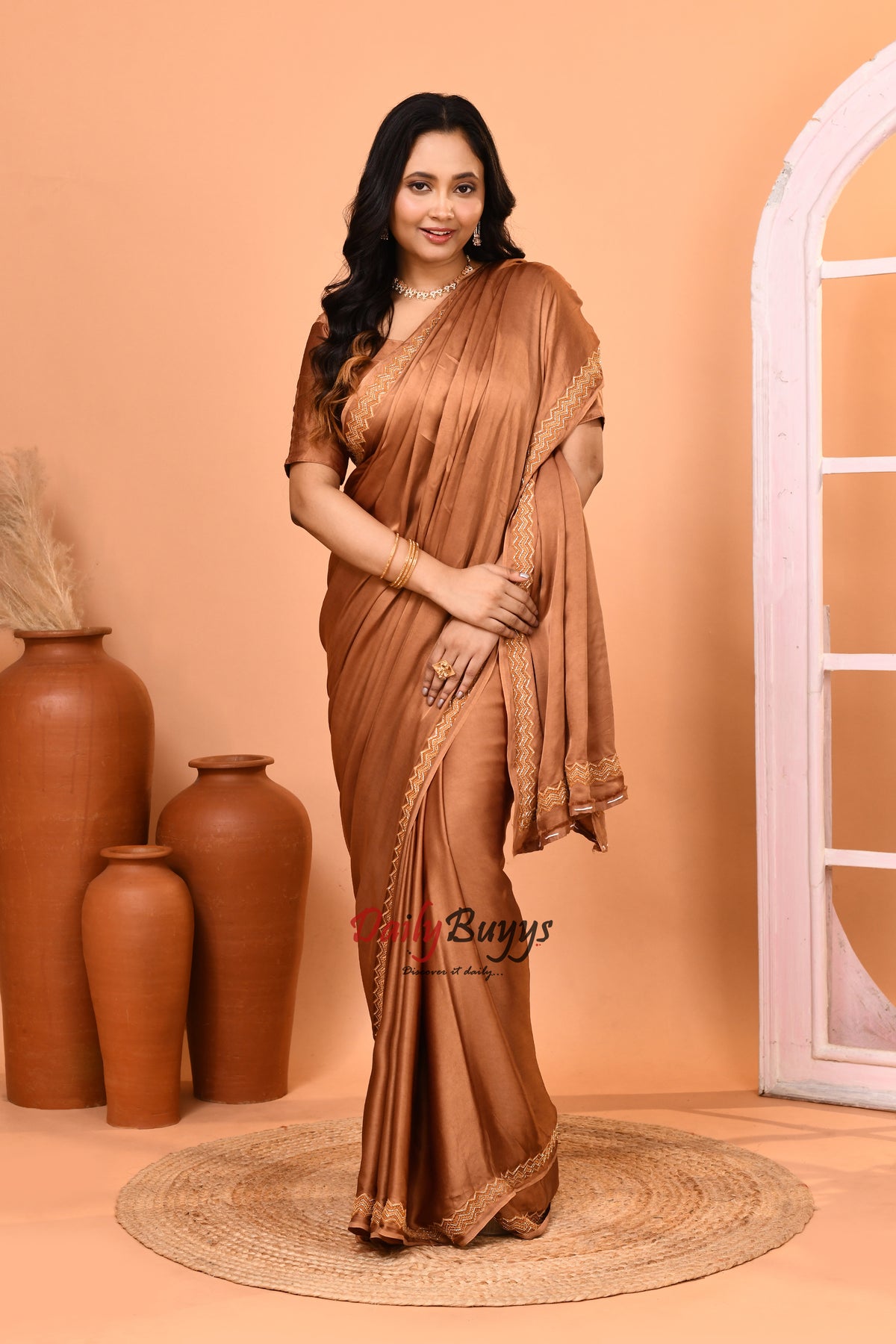 Designer Golden Brown Satin Saree with Designer Blouse