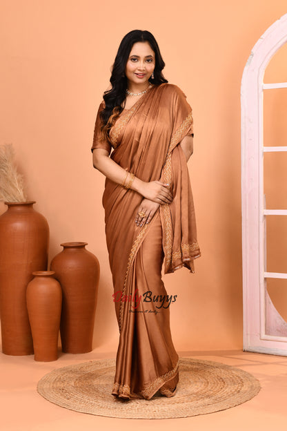 Designer Golden Brown Satin Saree with Designer Blouse
