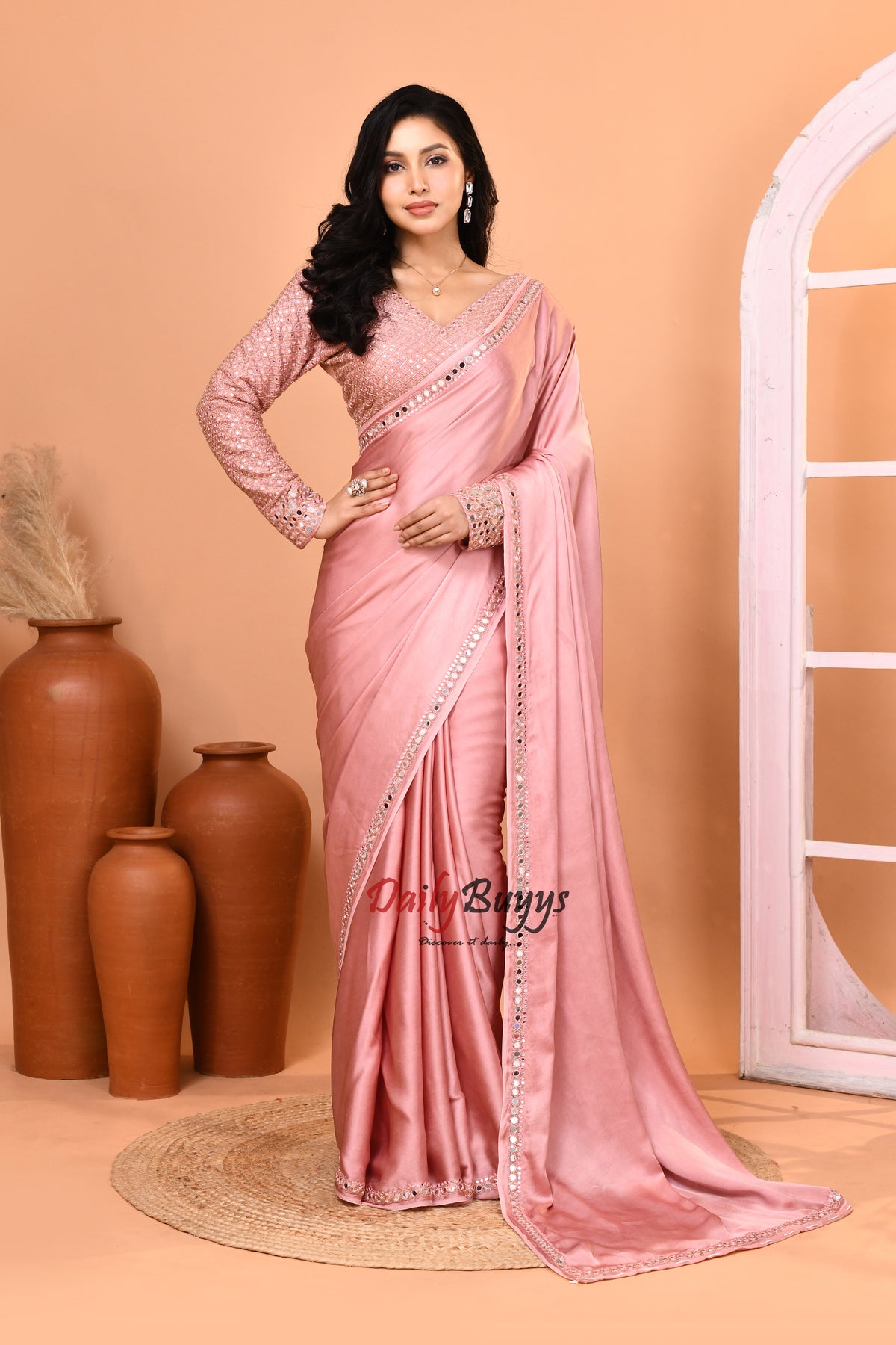 Designer Peach Satin Saree with Designer Blouse