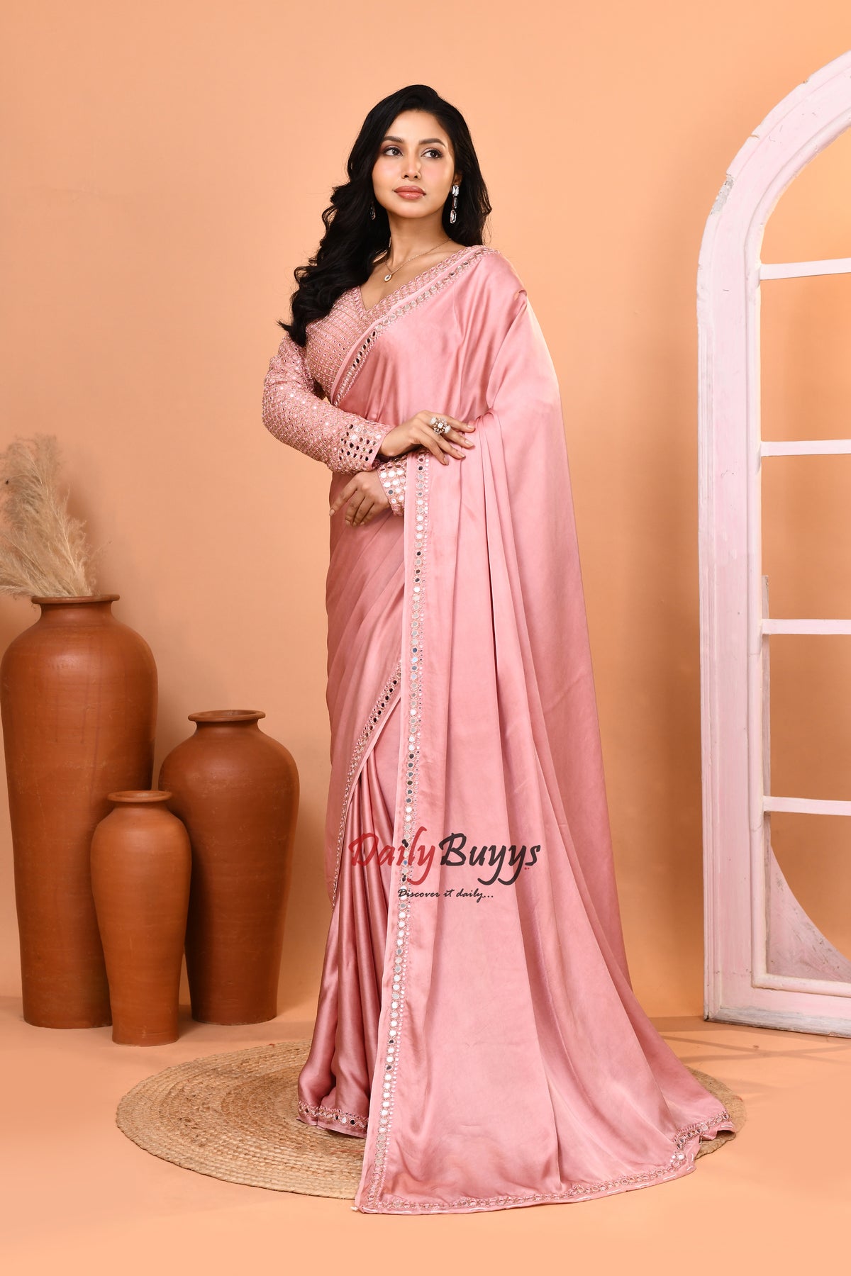 Designer Peach Satin Saree with Designer Blouse