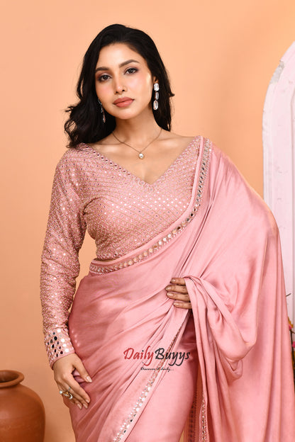 Designer Peach Satin Saree with Designer Blouse