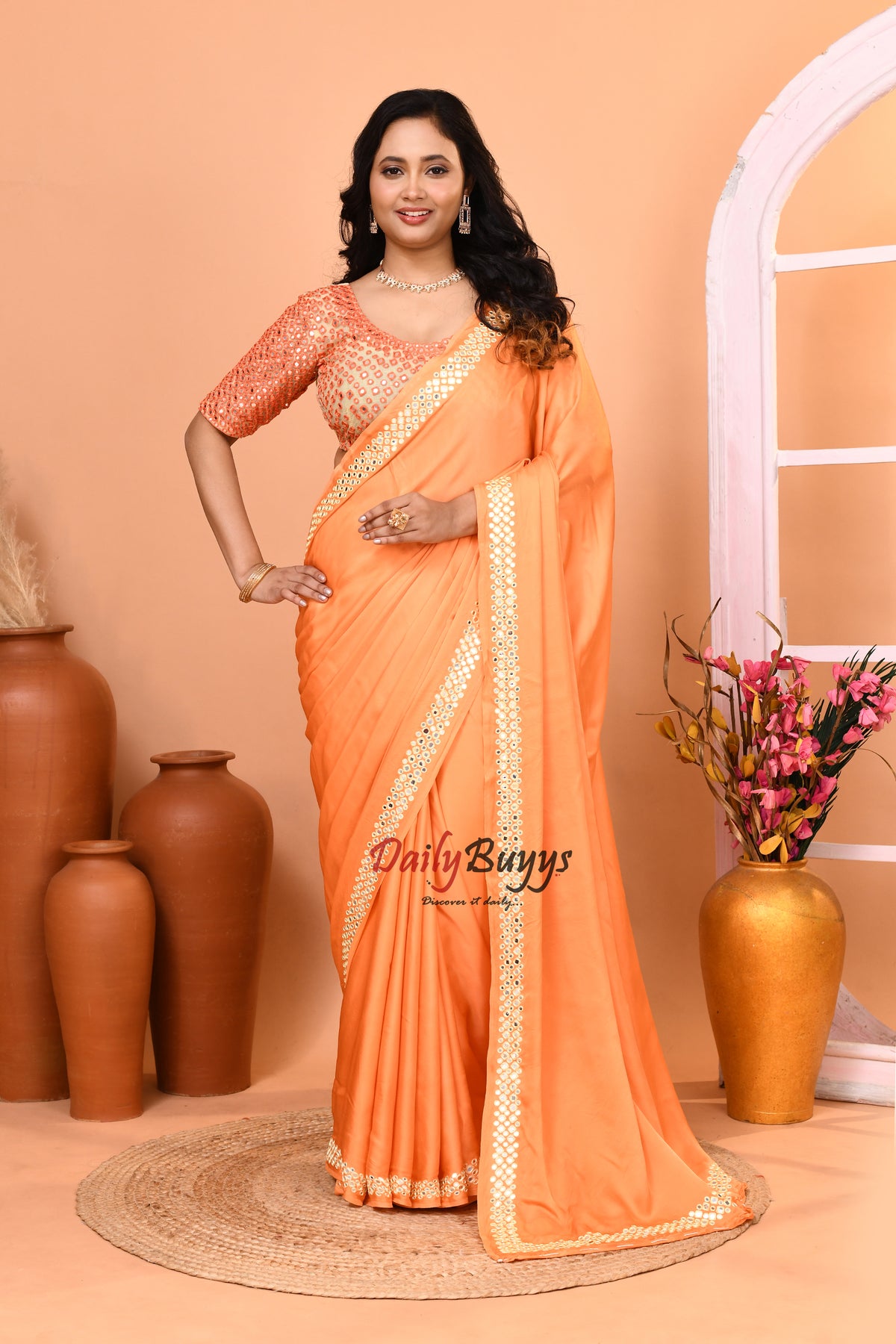 Designer Peach Orange Satin Saree with designer blouse piece