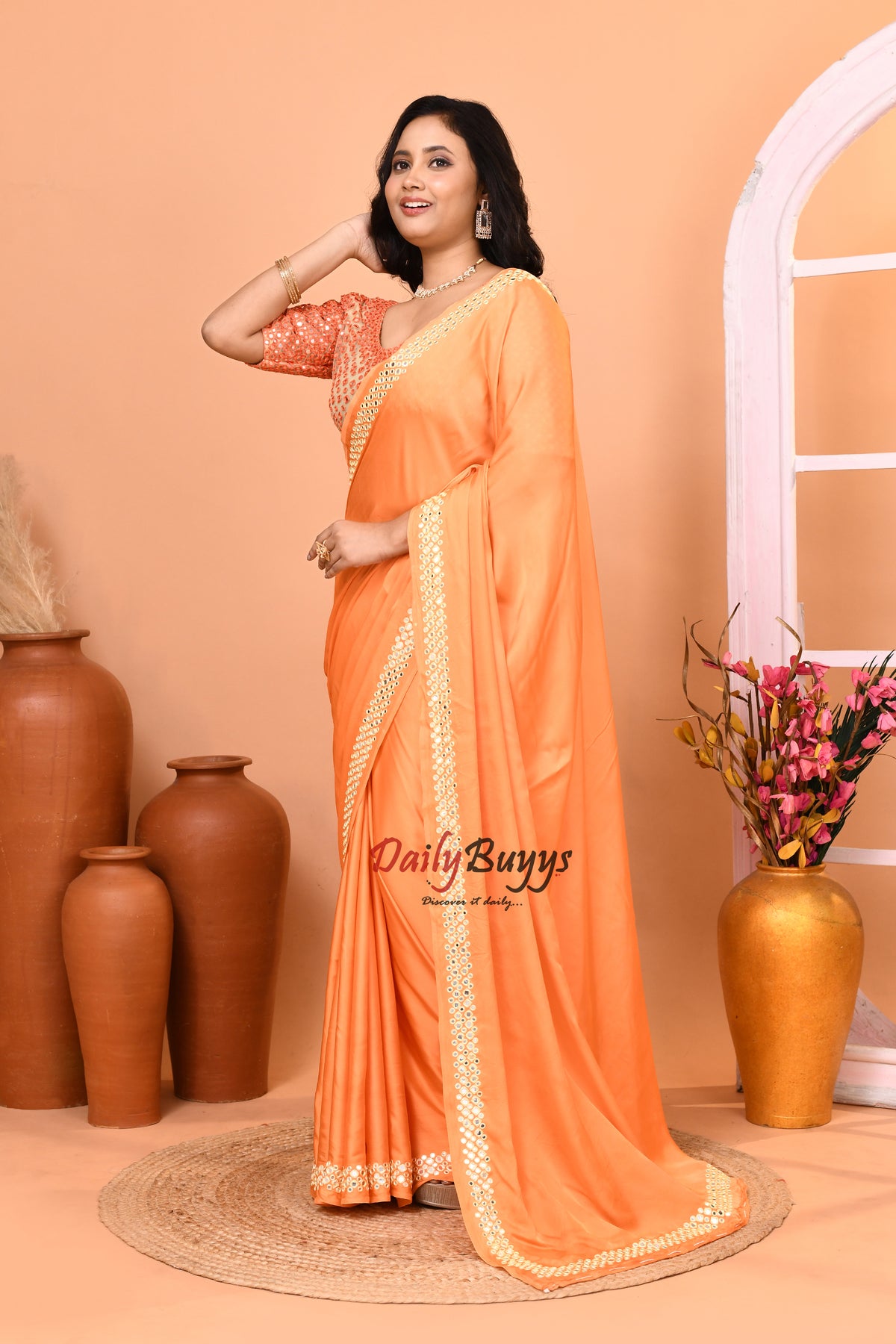 Designer Peach Orange Satin Saree with designer blouse piece