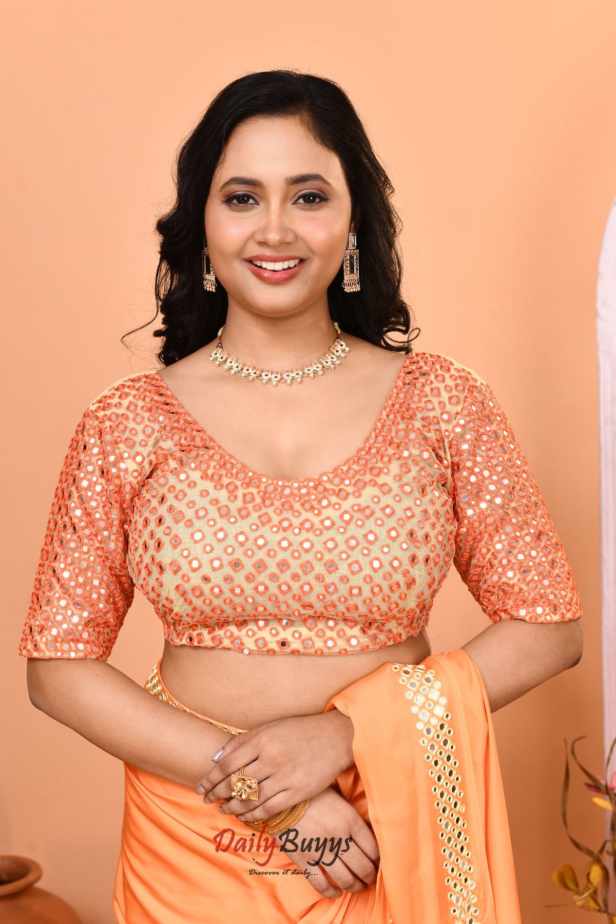 Designer Peach Orange Satin Saree with designer blouse piece