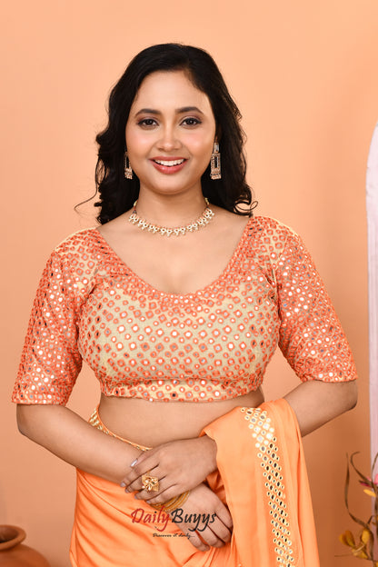 Designer Peach Orange Satin Saree with designer blouse piece