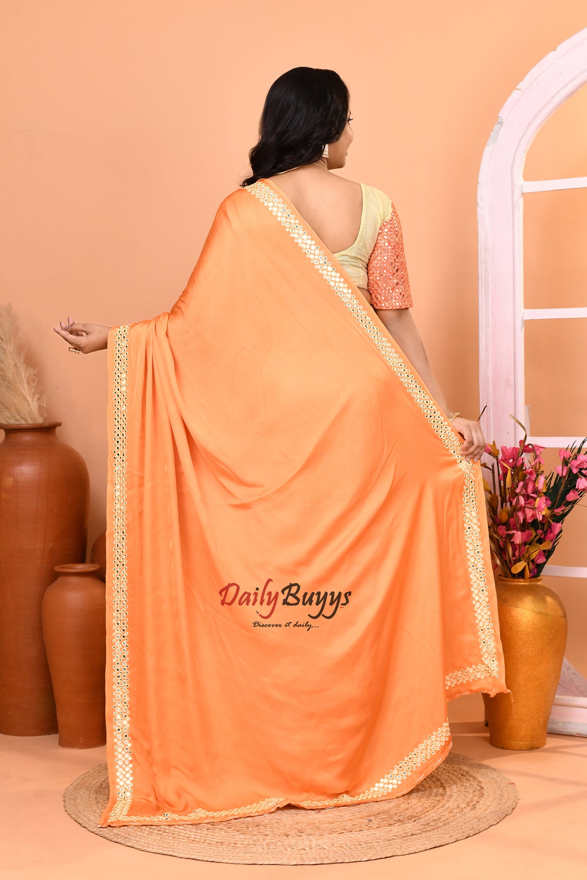 Designer Peach Orange Satin Saree with designer blouse piece