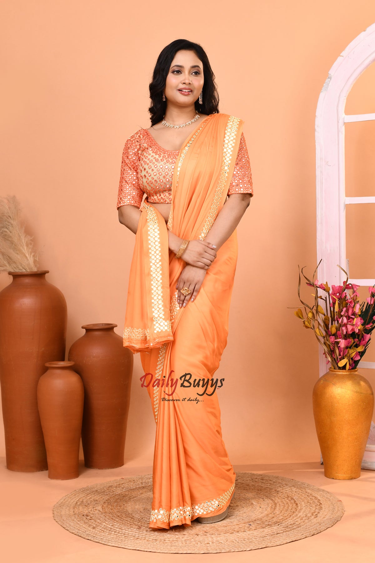 Designer Peach Orange Satin Saree with designer blouse piece
