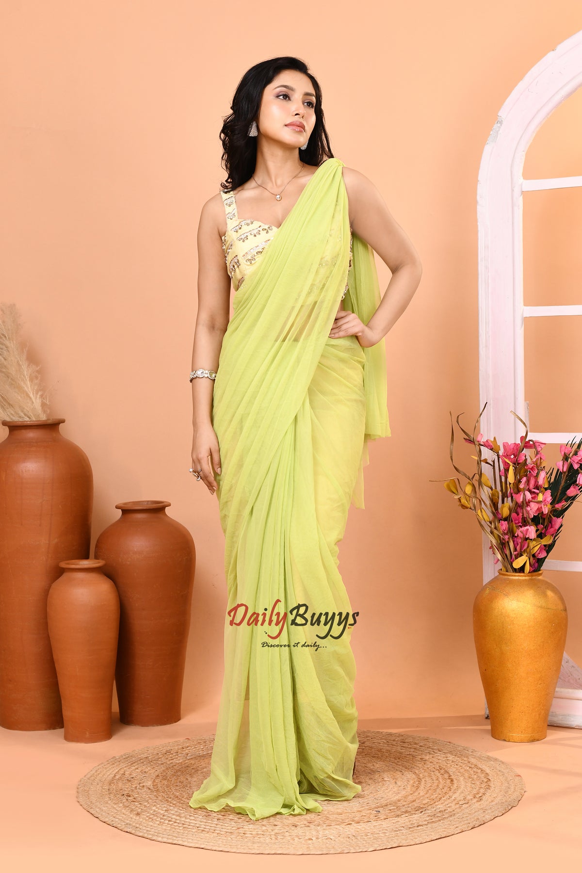 Predrapped Green Net Saree with Designer Blouse