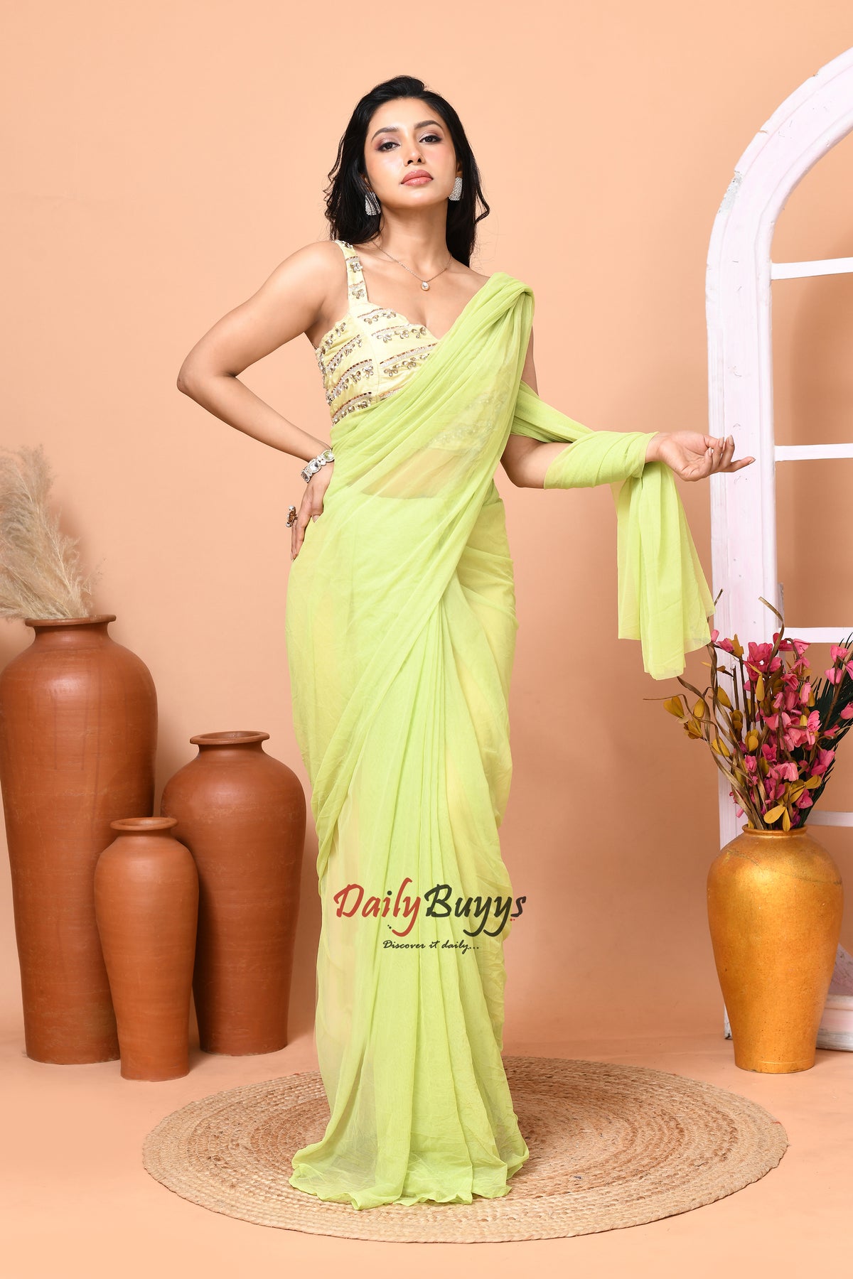 Predrapped Green Net Saree with Designer Blouse