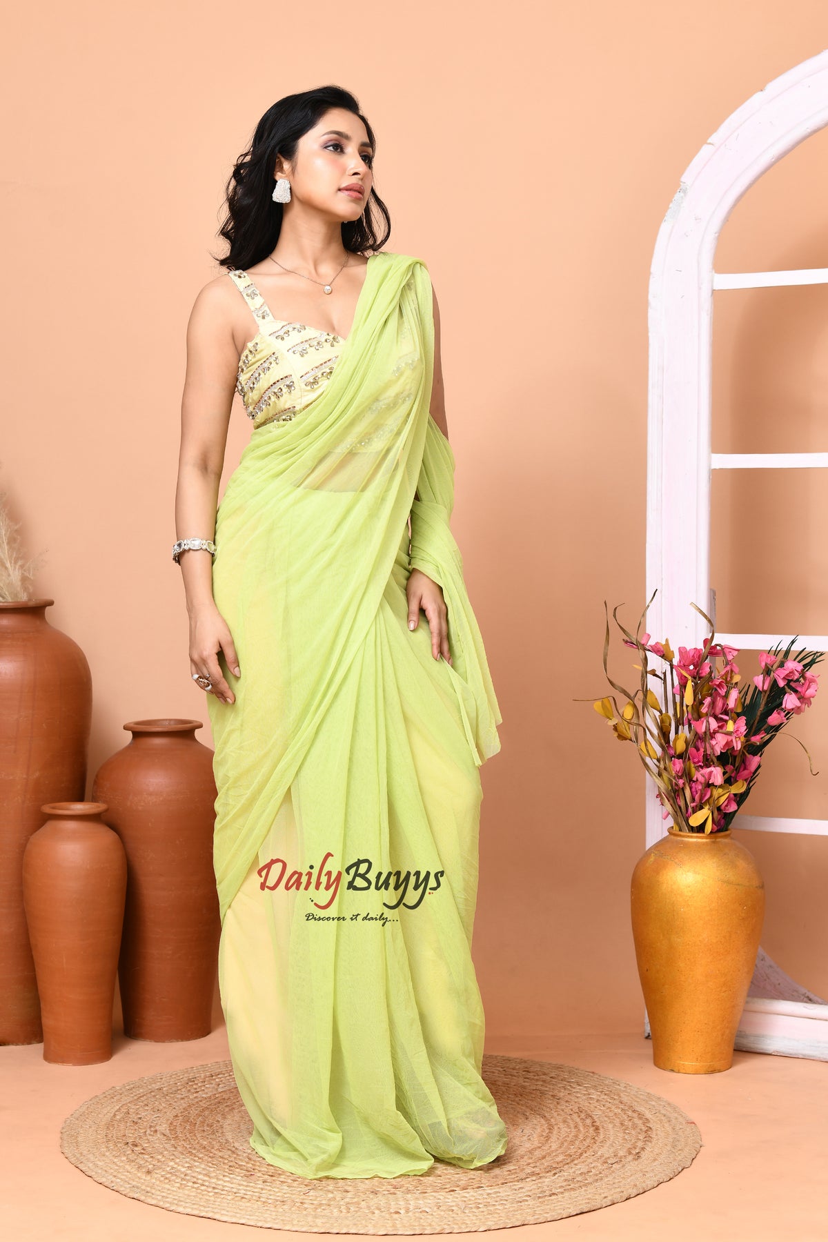 Predrapped Green Net Saree with Designer Blouse