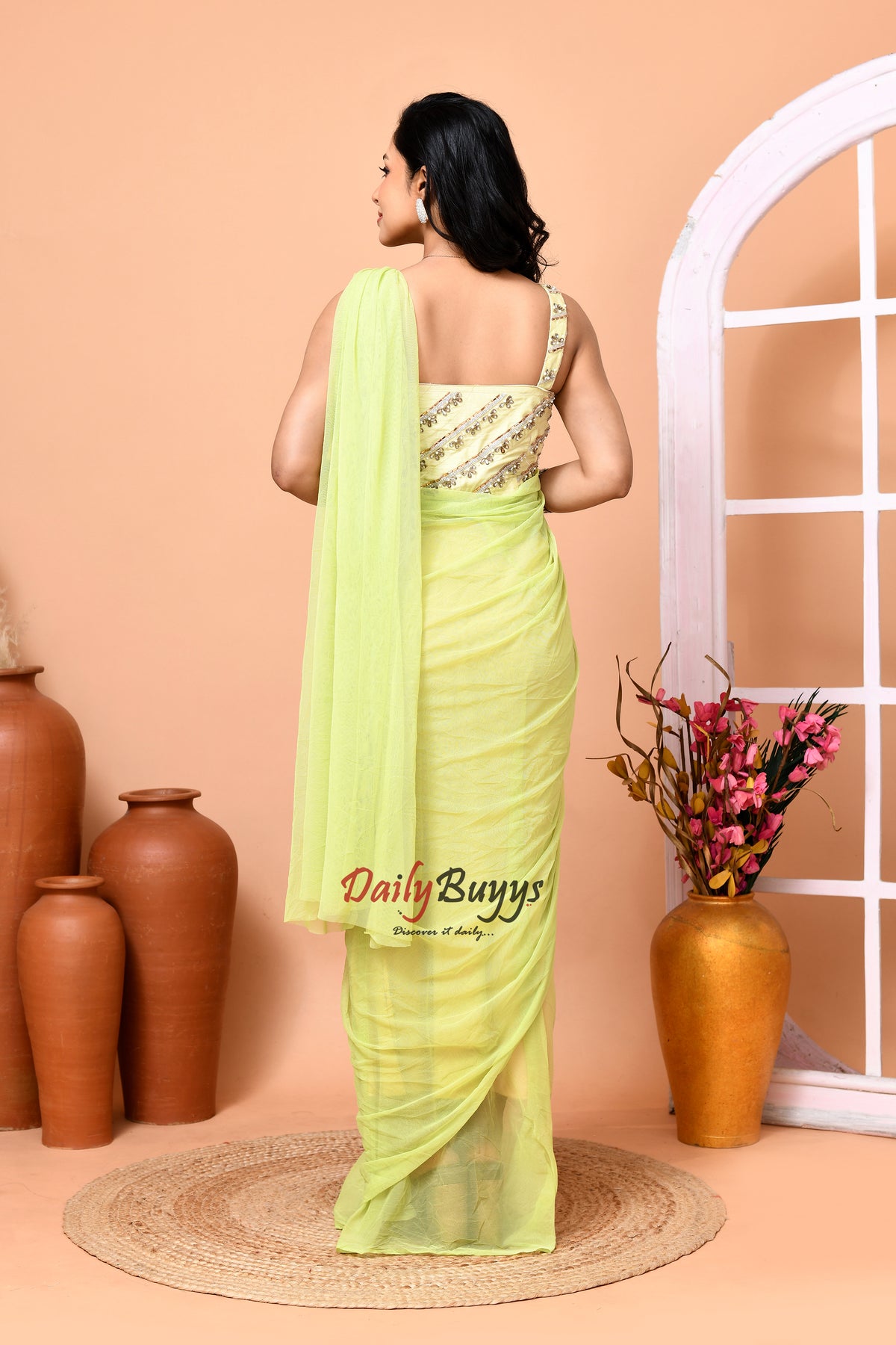 Predrapped Green Net Saree with Designer Blouse